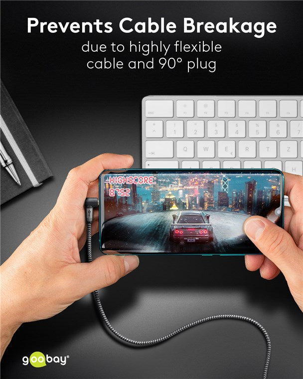 Cablu audio stereo 1m textil impletit Jack 3.5 mm - 3.5 mm 90 grade tata-tata aurit Goobay 65278