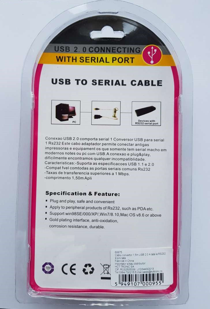 Cablu convertor USB la DB9 serial RS232 Windows Vista 7 10 1.5m