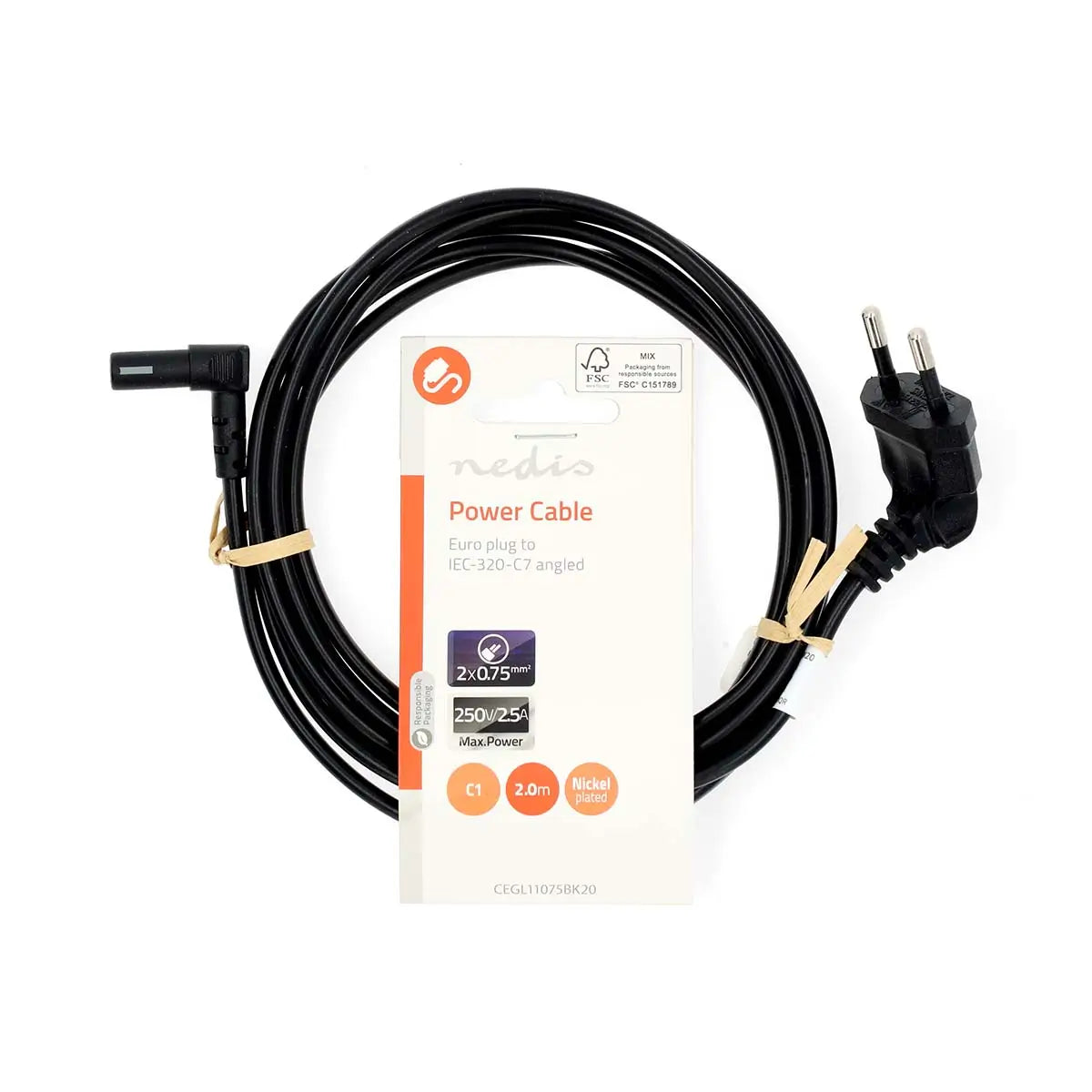 Cablu de alimentare Euro tata cotit - IEC-320-C7 cotit 2m negru Nedis CEGL11075BK20