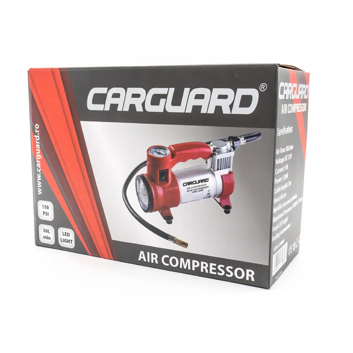 Compresor auto 12V Carguard COM001 30L/min 150PSI carcasa metal +LED frontal