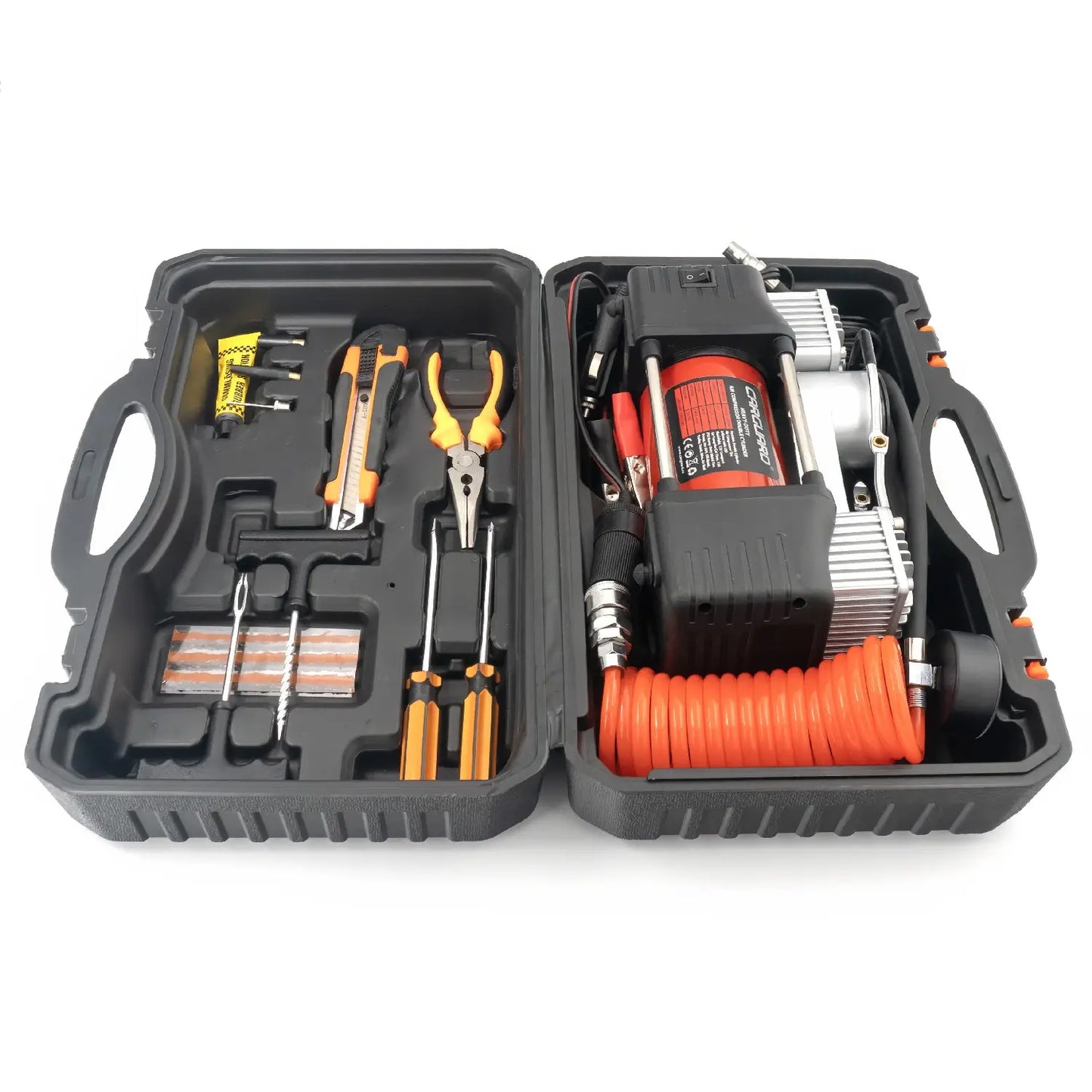 Compresor auto 12V Carguard COM002 Heavy-Duty dublu cilindru 50L/min 150PSI LED +kit reparatie anvelope