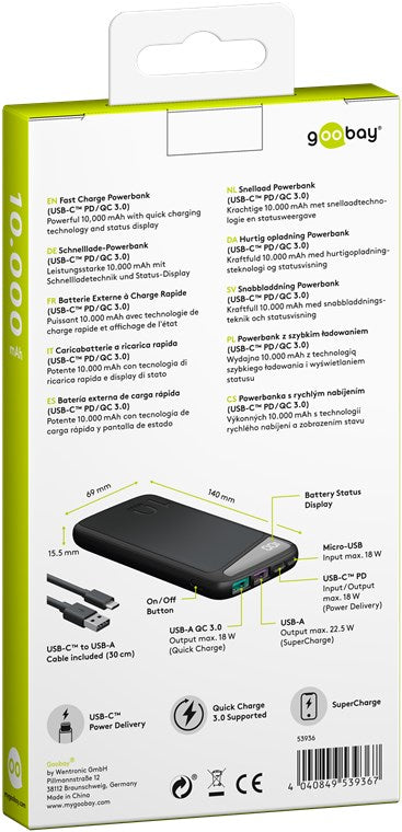 Fast Charge Power Bank acumulator extern 10000mAh USB type C PD QC 3.0 Goobay