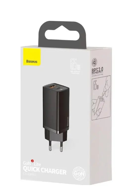 Incarcator retea Baseus GaN2 Lite Quick Charge 65W 1x USB 5V/3A 1x USB Type-C 5V/3A negru CCGAN2L-B01