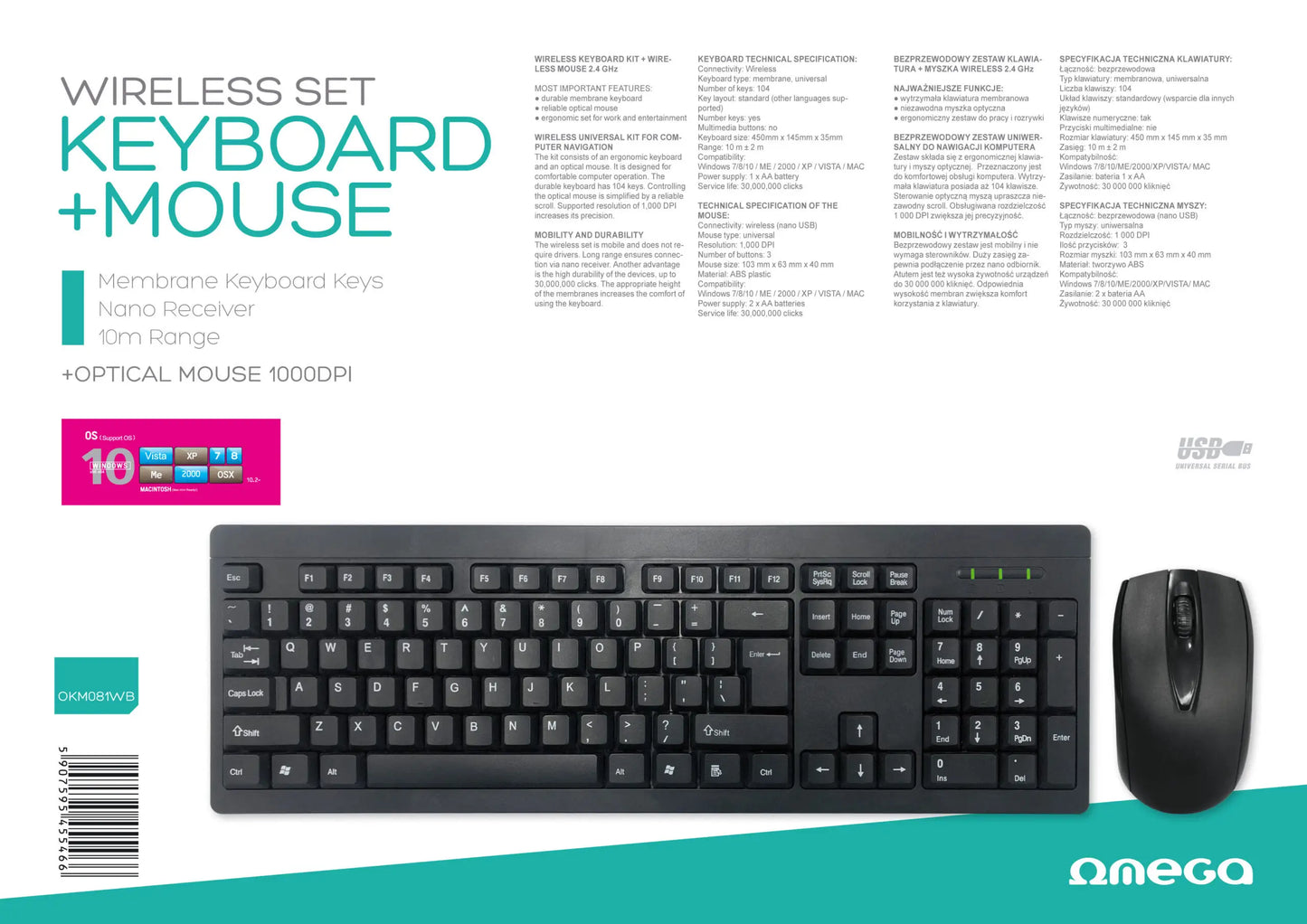 Kit tastatura si mouse wireless Omega OKM081WB 1000DPI USB