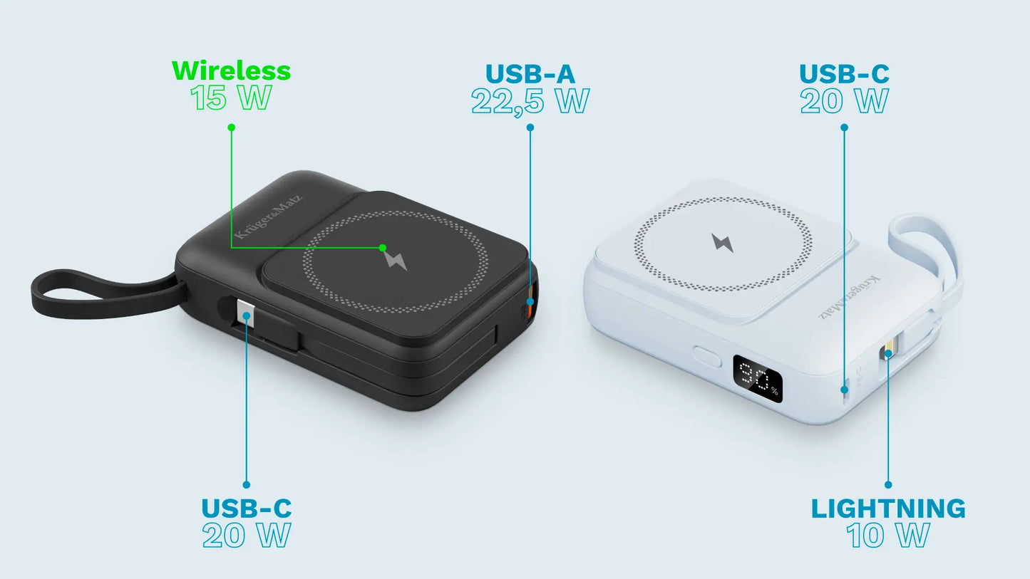 Power Bank inductie Kruger&Matz KM0913-B 10000mAh Li-ion Mag Safe wireless 15W / USB-C 20W /USB-A 22.5W / Lightning 10W