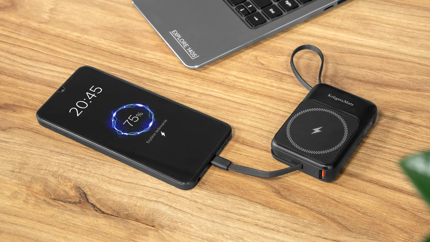 Power Bank inductie Kruger&Matz KM0913-B 10000mAh Li-ion Mag Safe wireless 15W / USB-C 20W /USB-A 22.5W / Lightning 10W