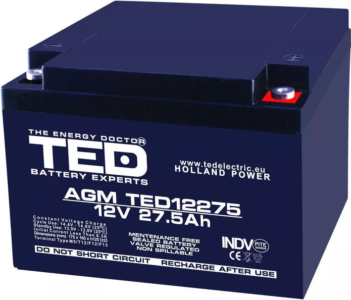 Acumulator 12V 27.5A AGM VRLA 165x175x126mm M5 TED Battery Expert Holland