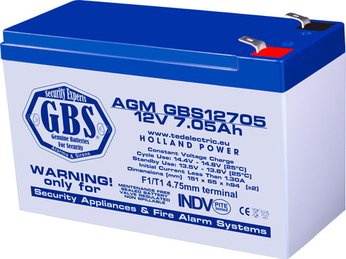 Acumulator AGM VRLA 12V 7.05Ah plumb acid pentru sisteme de securitate 151x65x95 mm F1 terminal GBS12705F1