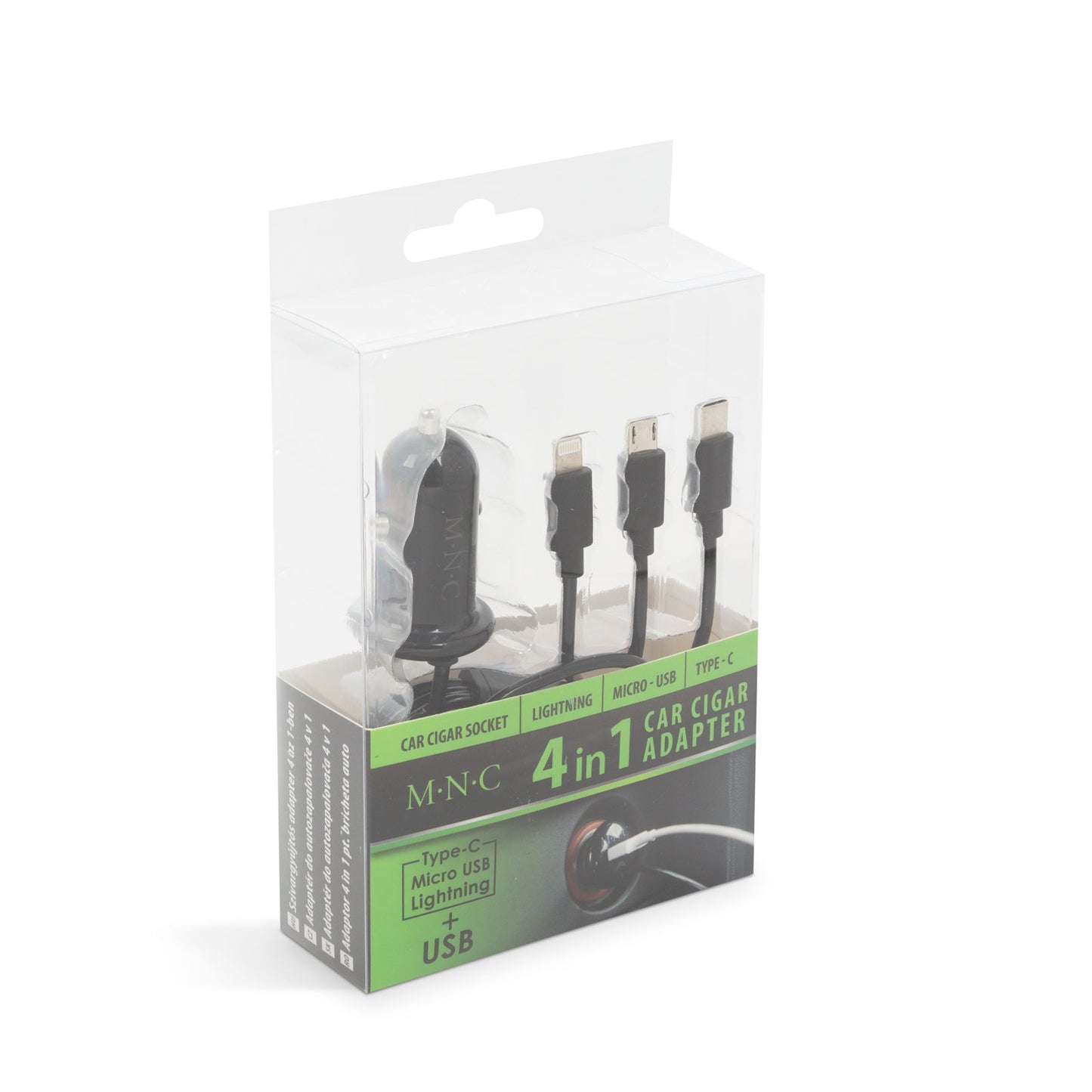 Adaptor 3in1 pentru bricheta auto 12-24V - USB + cablu Lightning Micro USB si USB Type-C 3.1A negru M`N`C 54920BK