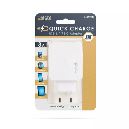 Adaptor incarcator de retea USB +USB Type C PD18W QuickCharge 3.0 cu incarcare rapida alb delight