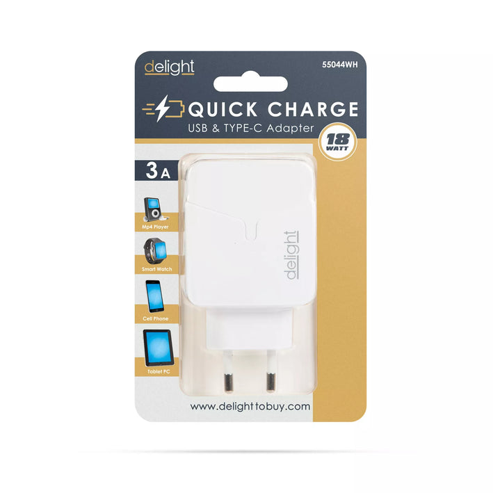 Adaptor incarcator de retea USB +USB Type C PD18W QuickCharge 3.0 cu incarcare rapida alb delight