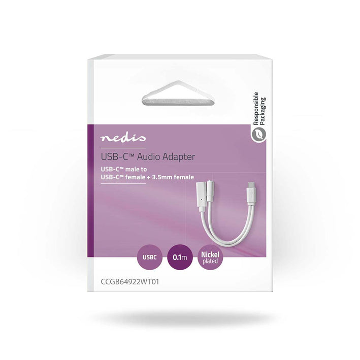 Adaptor PROFESIONAL USB type C tata - USB-C mama / Jack 3.5 mm mama casti 10cm alb Nedis CCGB64922WT01