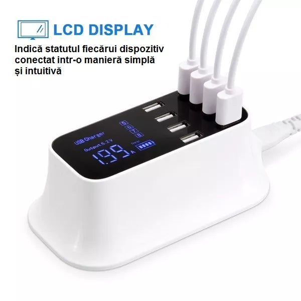 Alimentator incarcator 100-240VAC - 8x USB 8A 40W cu display alb