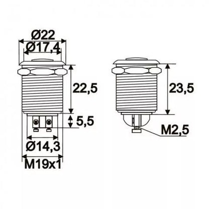 Buton 1 circuit 2A 250V OFF-(ON) fara retinere metal resistent la apa