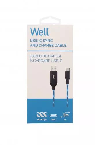Cablu de date incarcare USB Type C 1m 3A Well cu flux lumina albastra