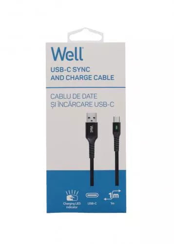 Cablu de date si incarcare USB Type C 1m Well indicator incarcare 3A negru