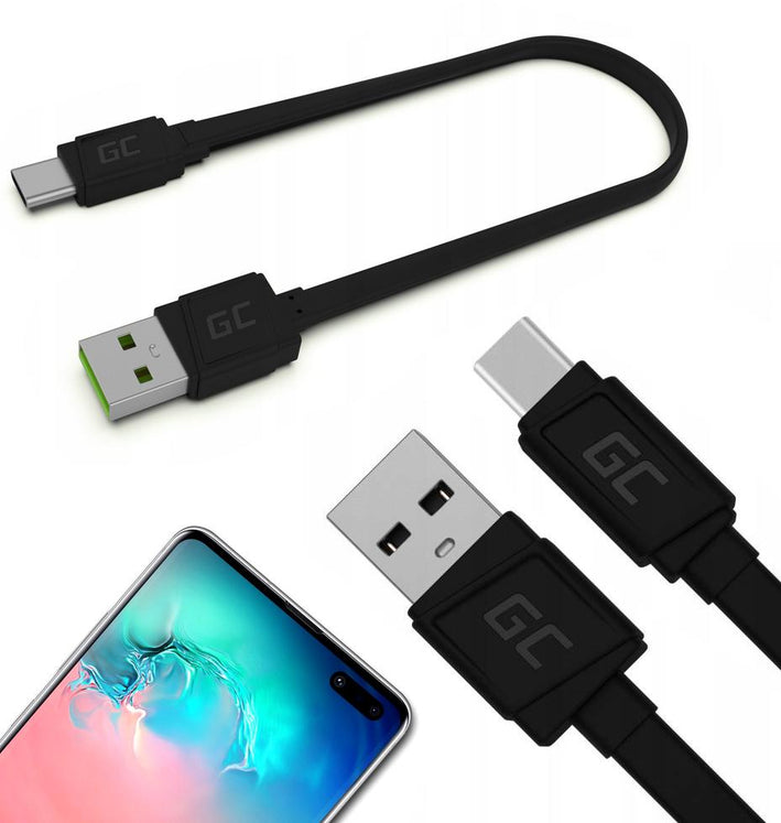 Cablu USB 2.0 A mufa - USB type C mufa 0.25m plat negru Green Cell KABGC03