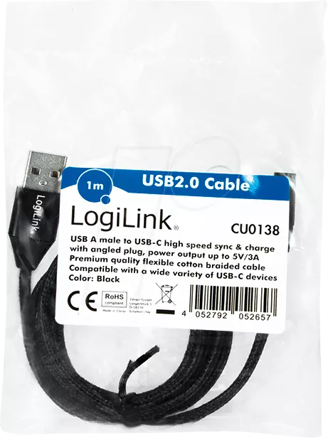 Cablu USB 2.0 A mufa - USB Type C mufa in unghi 1m negru LOGILINK CU0138