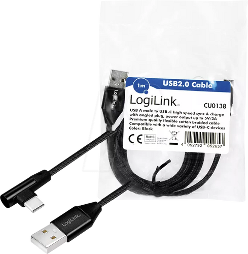 Cablu USB 2.0 A mufa - USB Type C mufa in unghi 1m negru LOGILINK CU0138