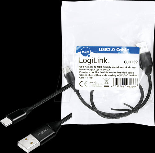 Cablu USB 2.0 A - USB type C 0.3m negru LOGILINK CU0139