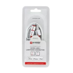 Cablu USB Skross Essentials Line 2 in 1 cu conector micro USB - lightning alb 1m