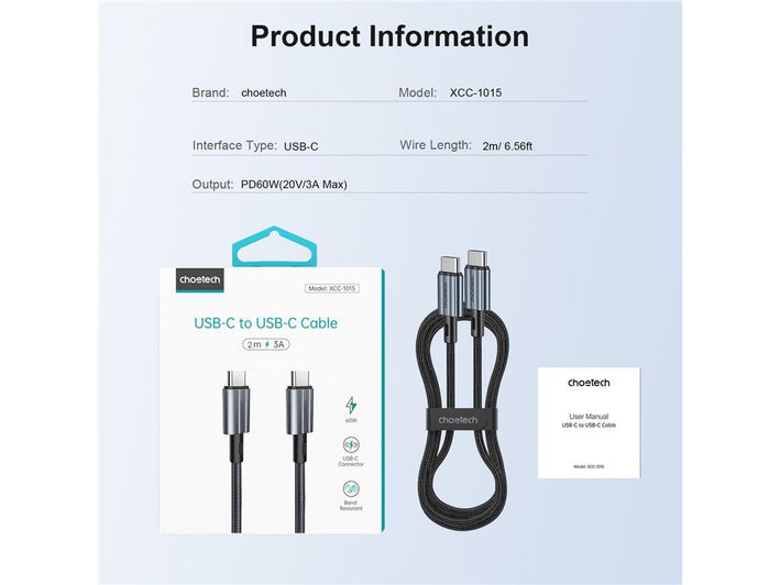 Cablu USB type C - USB type C PD 60W 3A 2m negru textil Choetech XCC-1015-BK