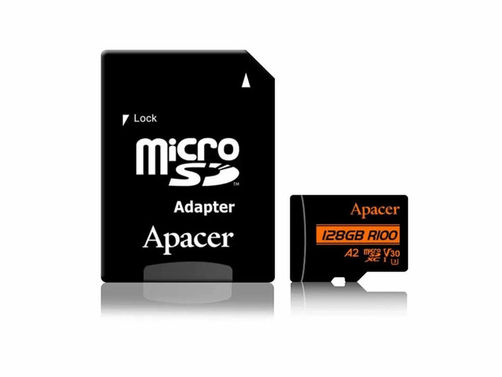 Card microSDXC UHS-I U3 V30 A2 Apacer 128GB R100 cu adaptor SD AP128GMCSX10U8-R