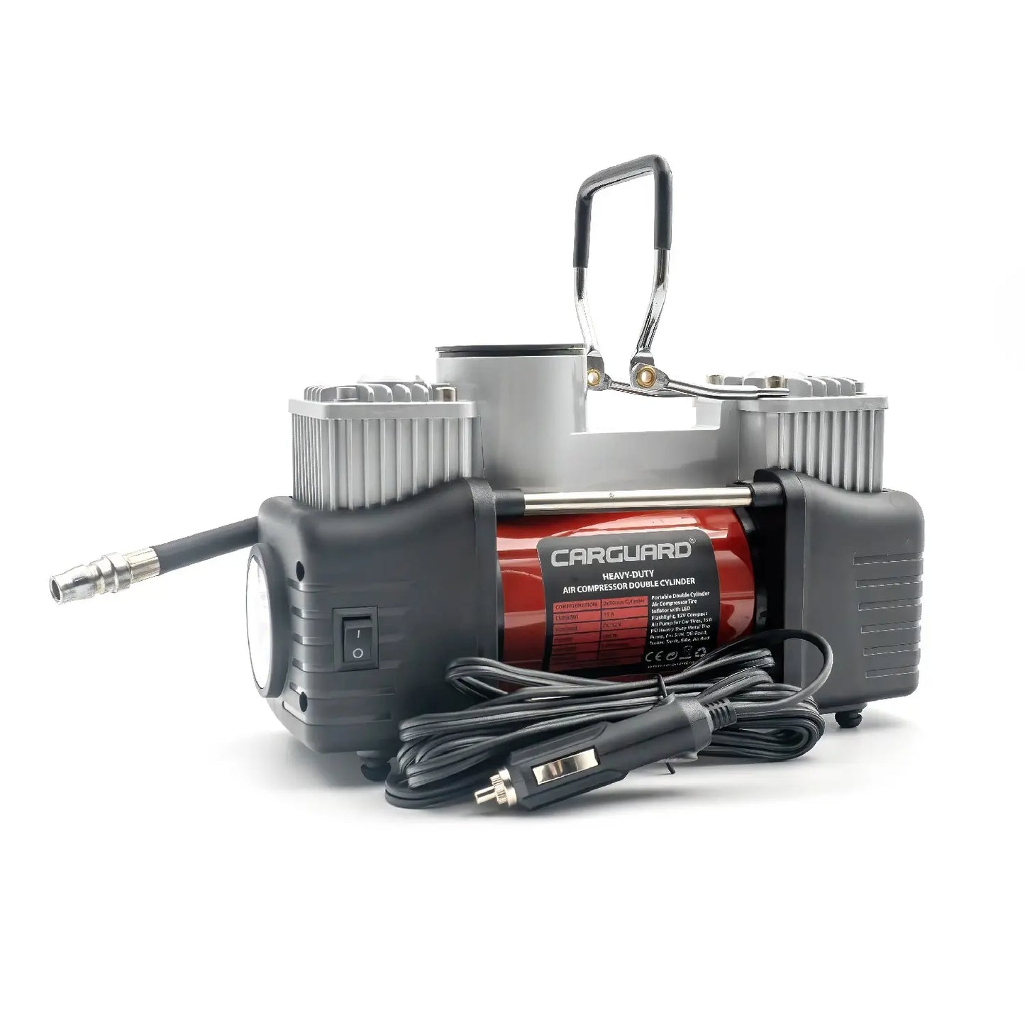 Compresor auto 12V Carguard COM002 Heavy-Duty dublu cilindru 50L/min 150PSI LED +kit reparatie anvelope