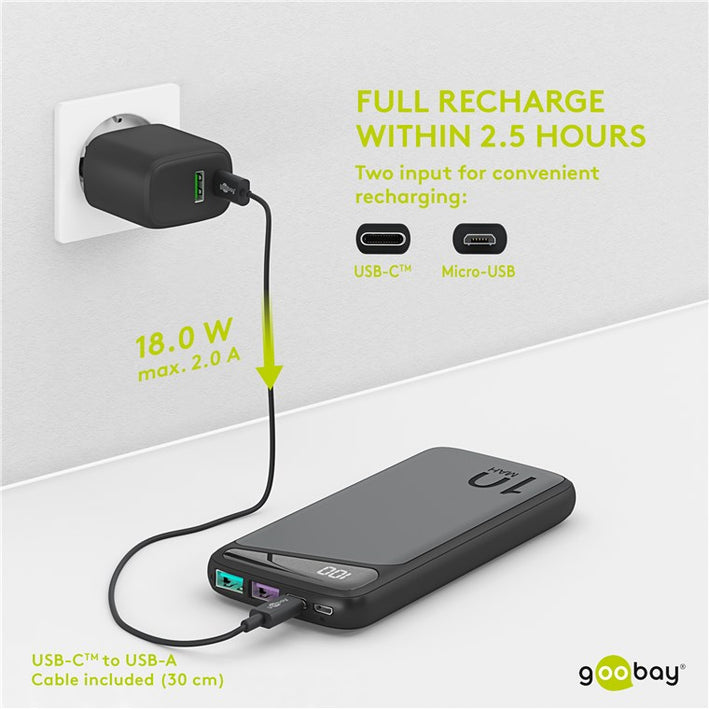 Fast Charge Power Bank acumulator extern 10000mAh USB type C PD QC 3.0 Goobay