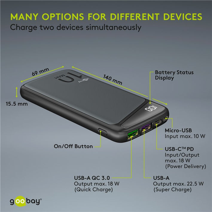 Fast Charge Power Bank acumulator extern 10000mAh USB type C PD QC 3.0 Goobay