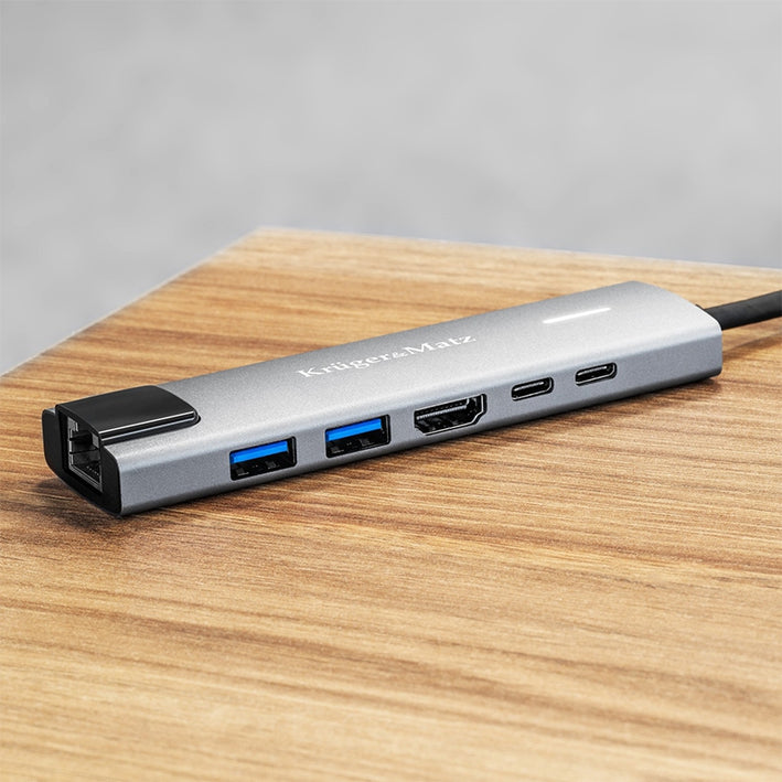 HUB 6in1 USB TYPE C - HDMI v1.4 3840x2160px 30Hz + 2x USB3.0/2.0 + 2x USB TYPE C + RJ45 Kruger&Matz