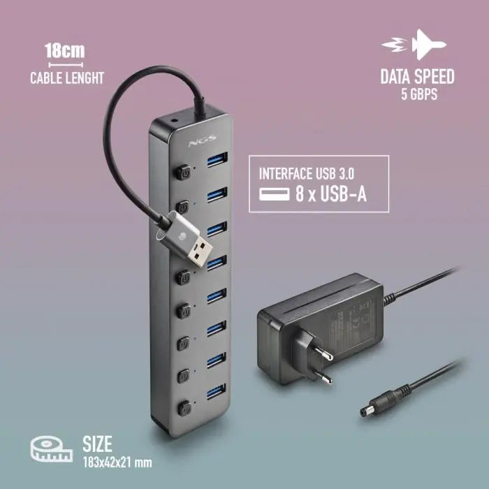 HUB USB 3.0 NGS iHub8 cu 8 porturi si alimentator HUB-IHUB8-NGS