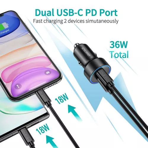 Incarcator auto 2x USB Type C PD 3.0 36W Choetech C0054