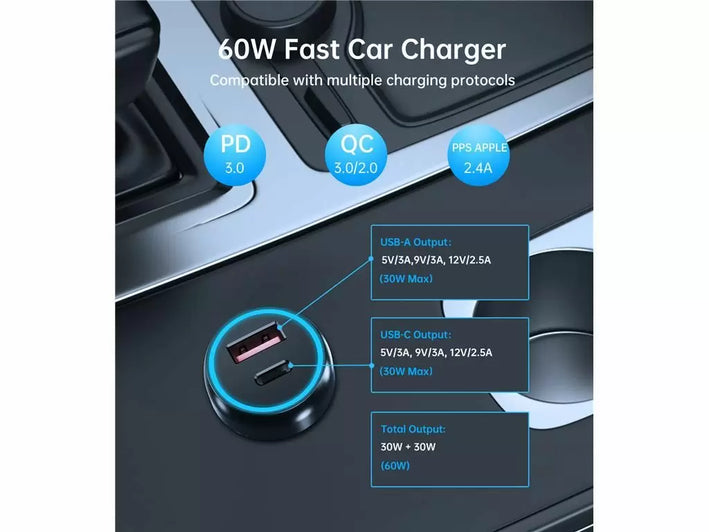 Incarcator auto Choetech TC0014 1x USB type C 1x USB A PD 60W TC0014-BK