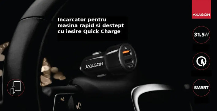 Incarcator auto Smart 5V 2.4A + QC3.0 30W negru Axagon PWC-QC5