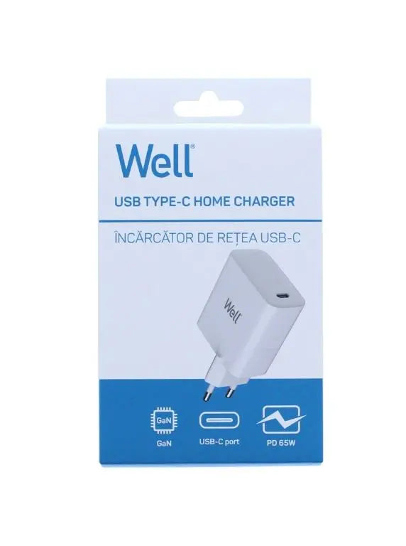 Incarcator retea 100-240V - USB-C Well GaN PD 65W 5V/3A 9V/3A 12V/3A 15V/3A 20V/3.25A alb