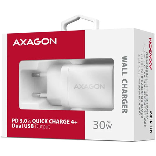 Incarcator retea PD 3.0 QC4+ 1x USB-C + 1x USB-A 30W alb AXAGON ACU-PQ30W
