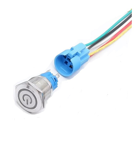 Intrerupator buton SW 4 OFF-(ON) fara retinere metal 22mm 12-24V LED albastru