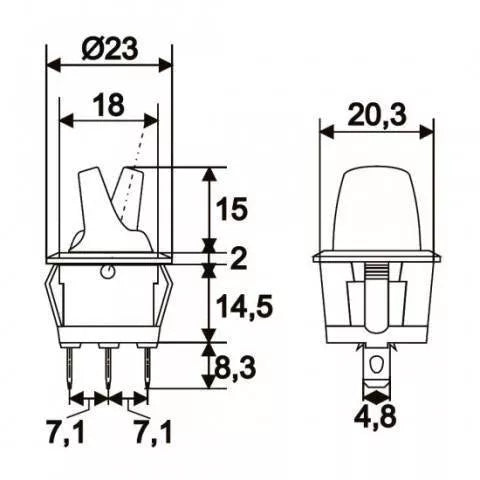 Intrerupator cu brat 1 circuit OFF-ON 6A-250V cu lumina partocalie cu retinere