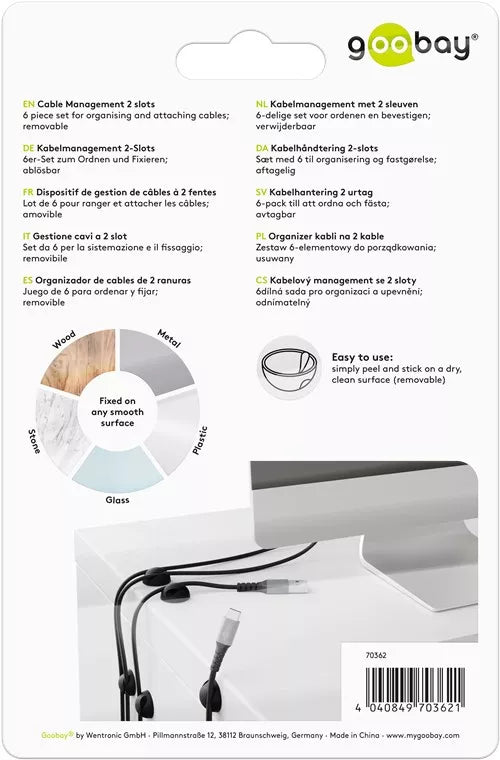 Organizatoare cabluri 6buc cu 2 sloturi negru Goobay