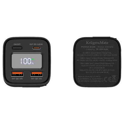 Power Bank 20000mAh 100W QC3.0 PD3.0 USB-C /USB-A Afisaj LCD Kruger&Matz KM0915