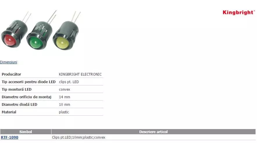 Suport pentru LED 10mm plastic convex KINGBRIGHT ELECTRONIC RTF-1090