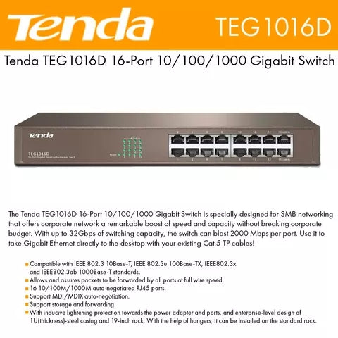 Switch Tenda TEG1016D 16 porturi Gigabit desktop sau montabil in rack